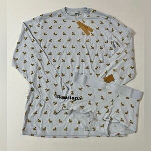 SKIMS Boyfriend Cotton Long Sleeve T-shirt + Boxer Shorts Short Set Blue Deer